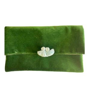 Nat-Tin Velvet Clutch with Tassel - Emerald Velvet with robins egg blue tassels